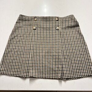 Limonata Brown Black Houndstooth Plaid Mini Skirt Button Front PR1795 Size L